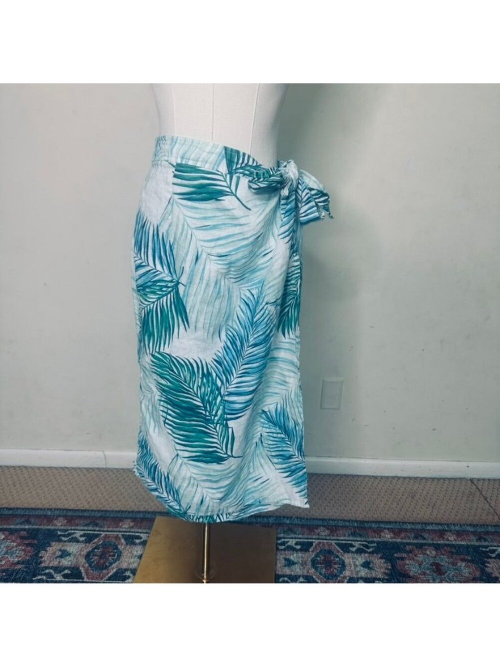 Tahari Tropical Palm Print 100% Linen Midi Wrap Skirt Tie Waist Size L Beach